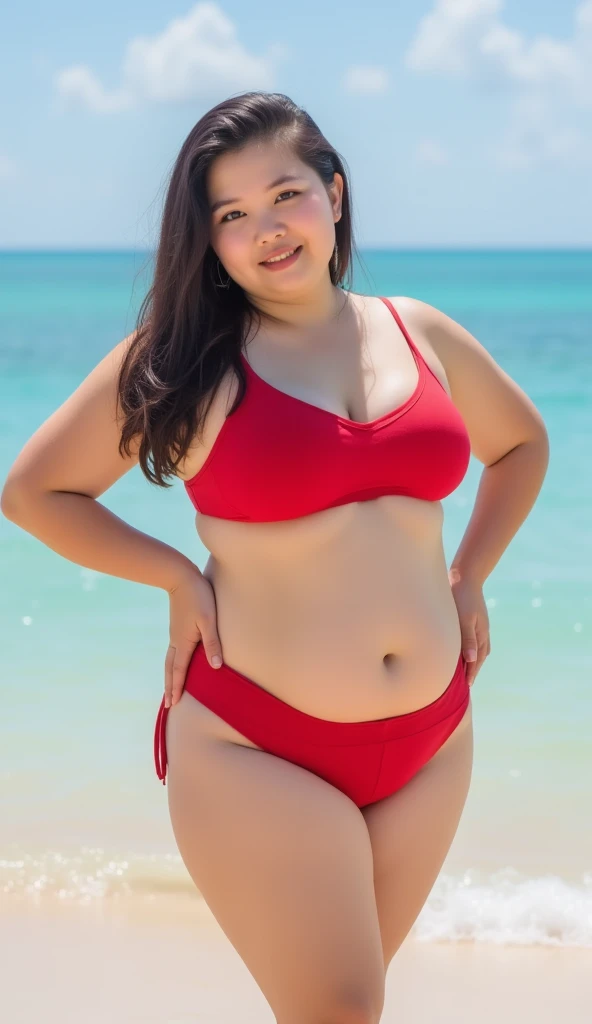 1 Japanese girl,White skin,Sweat,(fat),(very fat face),(Japanese girl,White skin,Sweat,(fat),(Big Beautiful Woman),(over 250kg),(Fat cheeks),(Fat chin),(upturned nose),(Big tits),(Fat hips),(Fat belly),(Fat legs)Very realistic,Pool side,(Red Micro bikini),(Spread legs),