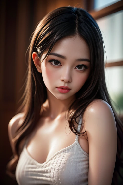 (1ung girl), (Ultra realistic, high res), (highly detailed eyes, highly detailed hair, highly detailed face, highly detailed plump lips), naked, (off shoulder), breasts, upper body, caute smile, (best quality:1.4), Raw photo, (realistic, photo-realistic:1.37), professional photography, cinematic light, (fine face: 1.2),