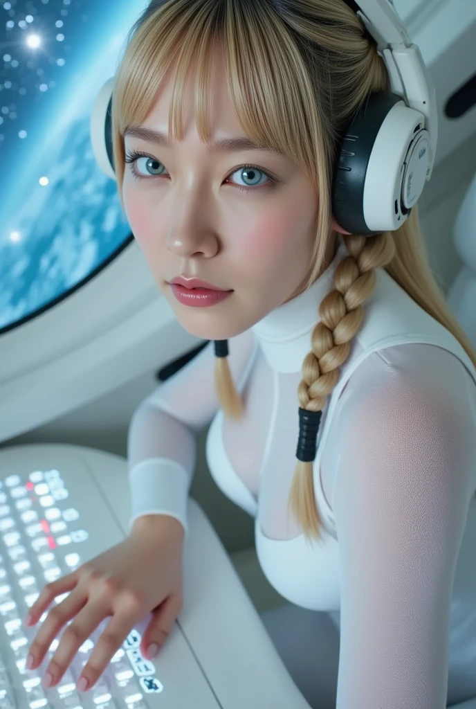 (Overhead view),dynamic angle,ultra-detailed, illustration, close-up, straight on, 1girl , full body shot, ((souryuu asuka langley, interface headset, naked:1.4, blonde)),Her eyes shone like dreamy stars,(glowing eyes:1.233),(beautiful and detailed eyes:1.1),(expressionless,closed mouth),(standing), (mechanic room with toolsand spaceship window in a white SPACESHIP), (night:1.2),dreamy, [[delicate fingers and hands:0.55]::0.85],(detail fingers),