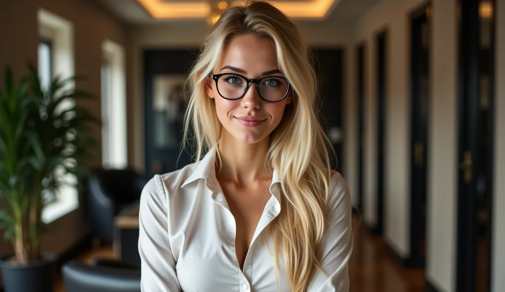 celaineasmr,  (((glasses, blonde hair))), official identification photo of a young woman in a (elegant detailed white tight secretary shirt :1.5), (cleavage:1.5), (professional photo , studio lighting, hard light, sony a7, 50 mm, (hyperrealistic), big depth of field, mate skin, pores, colors, hyperdetailed, best quality, photorealistic, 8k, high res, best quality), 1girl,  (dark grey photostudio background:1.4) , looking at viewer, (eye contact:1.4), piercing eyes, happy, smirk, smile, intricate