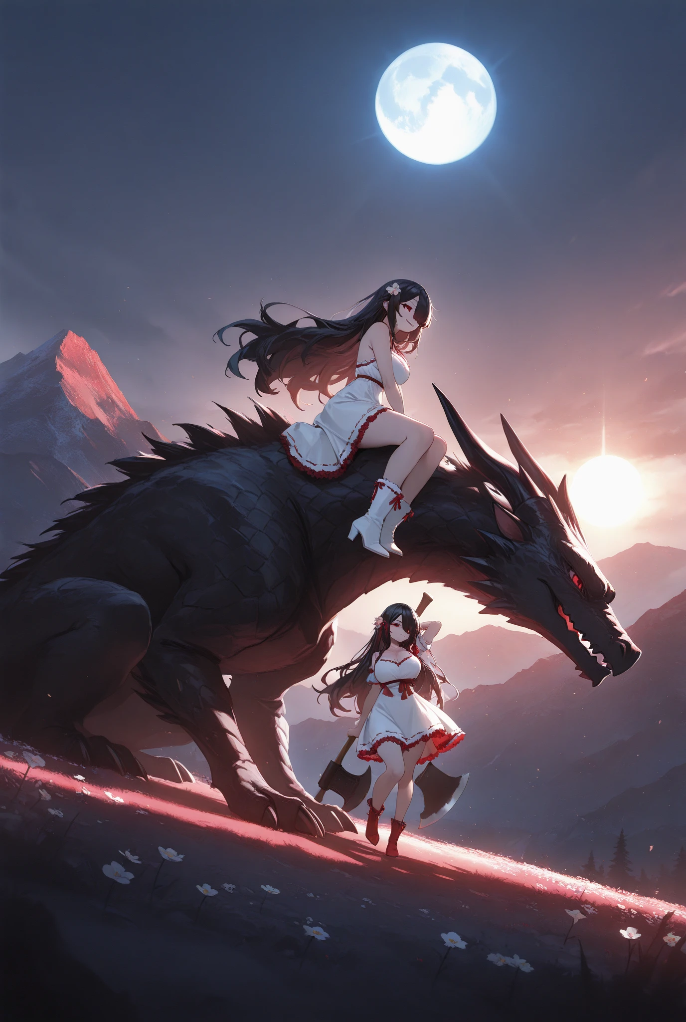High-resolution model of a dragon and wolf made of clouds, Wide-angle shot, Afterimage, 360° View, Speed Line,