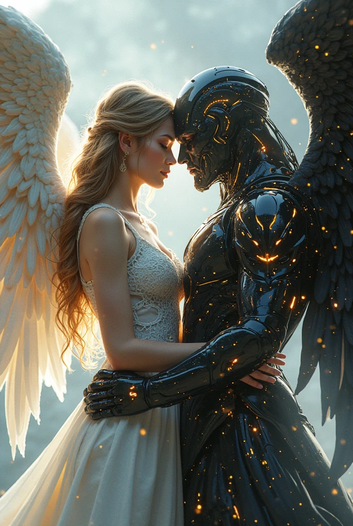 1 Mech Angel,glowing eyes,Perfectly wings,Damascus Titanium pattern,Rose quartz color matching,The green particle fly around the main character,Symmetry of composition, Beautiful hair details,Facial lighting, global lighting,,Bioluminescence, Chemiluminescence,insanely detailed and intricate, hypermaximalist, elegant, opulent, Ultra photo realsisim, Super detailed,