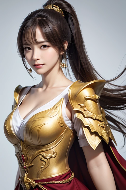 Chinese female general,Saffron Hufu,Detail the eyes,Crimson cape,metal breastplate,Breasts are full and erect,Gold hairband,majestic,Smile(open mouth)(The corners of the mouth are raised),、(Hair in a bun:1.5),(Hair bun raised high)。wilderness background(grassland background)