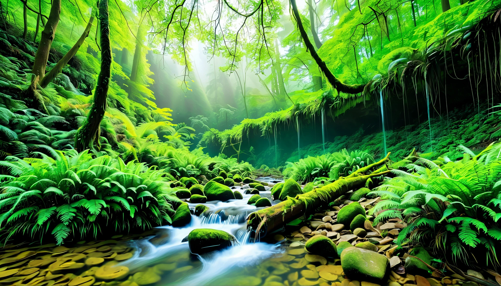 (Clear Stream in the Forest:1.5),(Multiple beautiful, mysterious, and large waterfalls can be seen in the back:1.5),(realistic expression:1.5),(Super Realism:1.5),A beam of light is emitted from the waterfall, Mysterious Forest Lagoon, Magical forest background, Magical Environment , A bit of sunshine, A beautiful and mysterious, Mysterious Atmosphere, Amazing screensaver, Entrance to the spirit world, With a mysterious light, reflectionする光, 川にreflectionする太陽の光, portal to another world ,tyndall phenomenon,reflection, heart shape,(A stream with a large amount of water flows through the virgin forest:1.5),(Fog has a fantastic atmosphere:1.5),(a large amount of splashes can be seen:1.5),(beautiful emerald green river water:1.5),