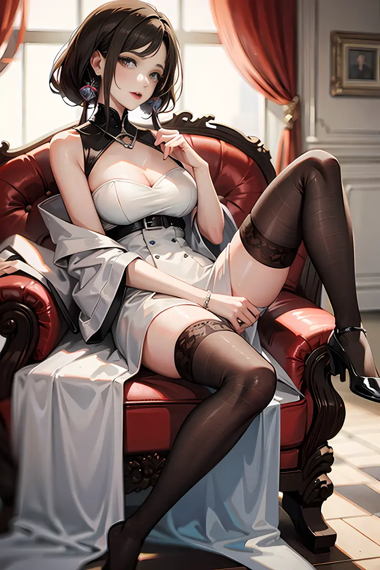 Miley cyrus in black lingeries ,White hair, white suspender stockings, sitting on the table, thinking, table against the wall, bare feet, white socks