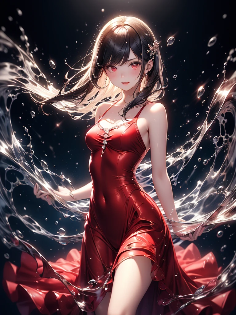 8K, ultra hd, masterpiece, (very detailed), 1 girl, 18 years old, ((glossy body)), slim body, ribs, bones, happy face, long hair, detailed eyes, detailed lips, perfect breasts, ((red mini skirt)), (red vest), floating sardine, ((bare stomach)), loops, straps, realistic shadow, sea, morning, ((bubble:1.5)), (water bubbles:1.5), water, beautiful, rain, realistic water, water reflection, RTX 4090, ray tracing, bloom, bokeh, underwater, front body,