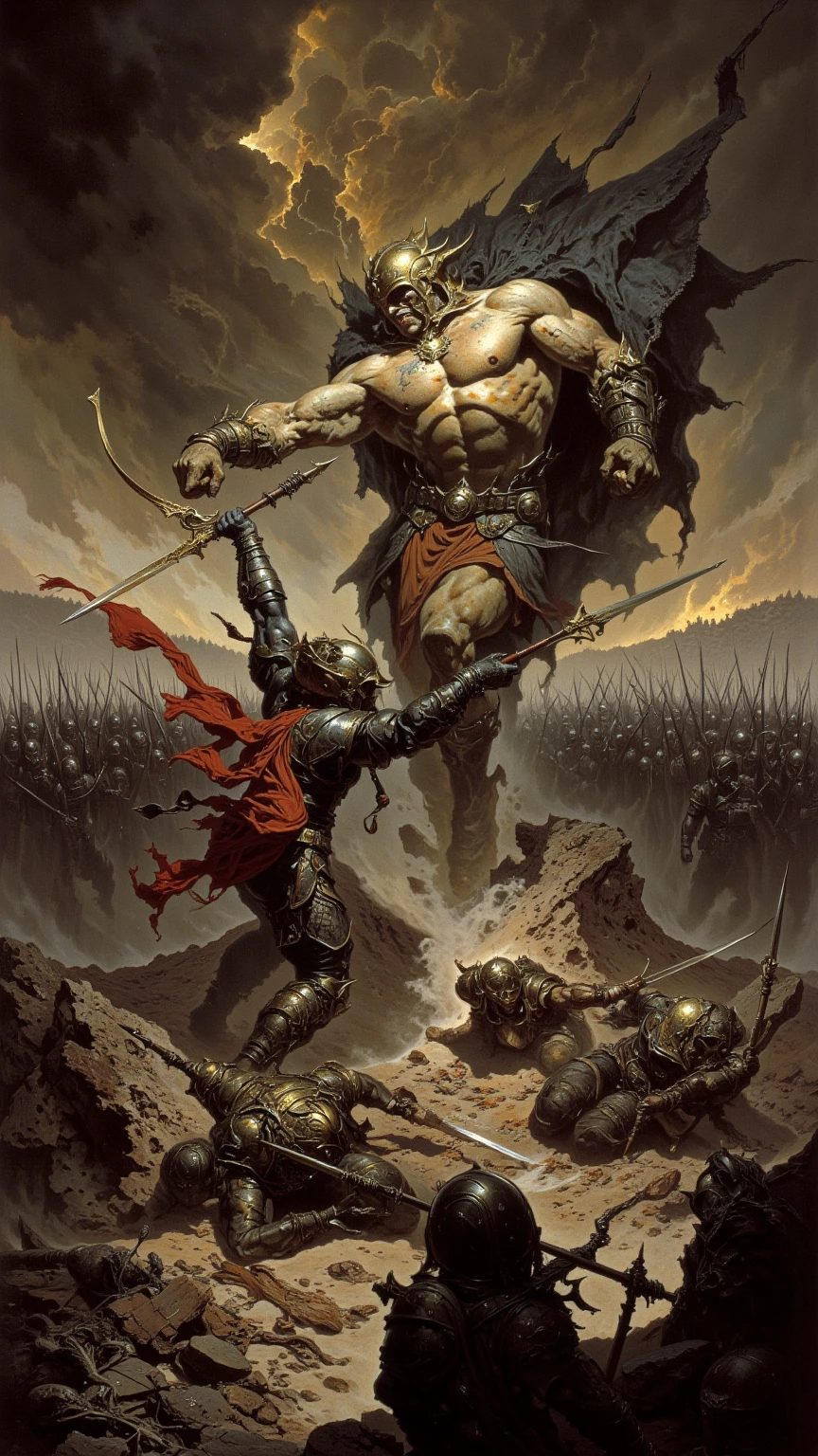 a painting of a man holding a sword and a man in a brown robe, painting of goliath, david and goliath, by Jeff Easley, dark old-school fantasy art, by Alex Horley, by Joe Jusko, Gerald Brom and Vincent di Fate, by Alex Horley-Orlandelli, jeffrey jones, jeff easley dramatic light, _in_a_field,dark_sky, (beat_up:1.2),arms_crossed,dark_shadows_around_eyes,(white_shirt_ripped:0.6),(bloody:1.4),exhausted,bruised,(almost_dead:1.2),bare_chested,(in_pain:1.2),covered_in_wounds,(ashenhard_style:0.7)