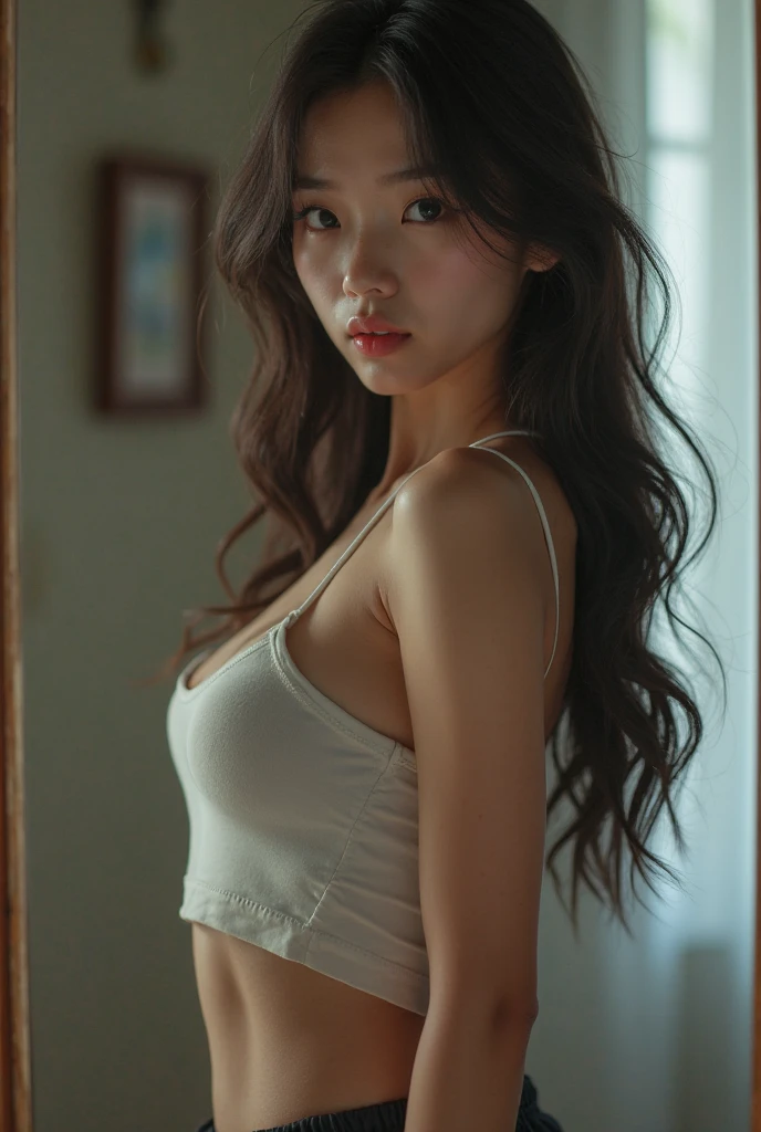 8yk、Raw photo、(masuter piece)、(top-quality)、Hi-Res、(girl with)、(realisitic、Photorealsitic:1.2), Upper body、Red camisole、Facing up、skinny、14years、small tits、Eyes closed、Deep sadness、Sorrow、look up sky、Open mouth、screeming、a room、Background blur