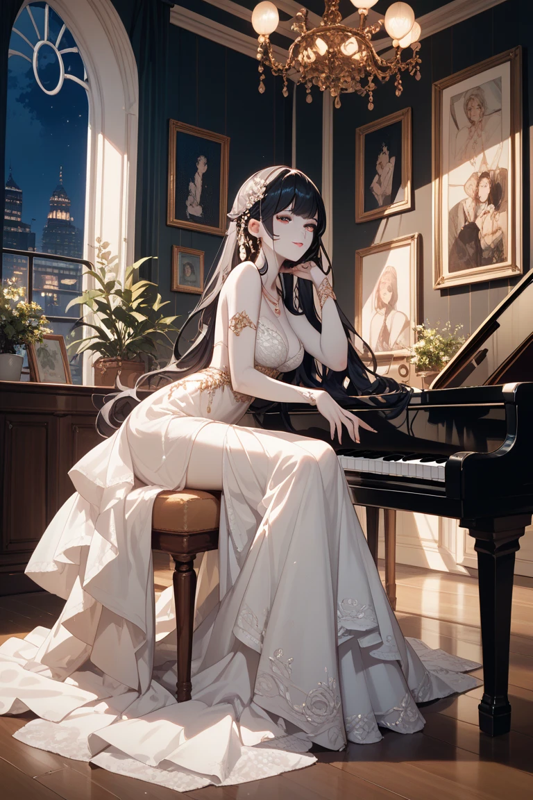 "A woman sitting in a European-style room where beautiful classical music is playing. Through the large window, a garden in full bloom is visible, with gentle afternoon sunlight streaming in. The woman, dressed in an elegant gown, is seated at an antique piano, playing softly. A beautiful vase sits atop the piano, and the room exudes a sense of tranquility and grace."