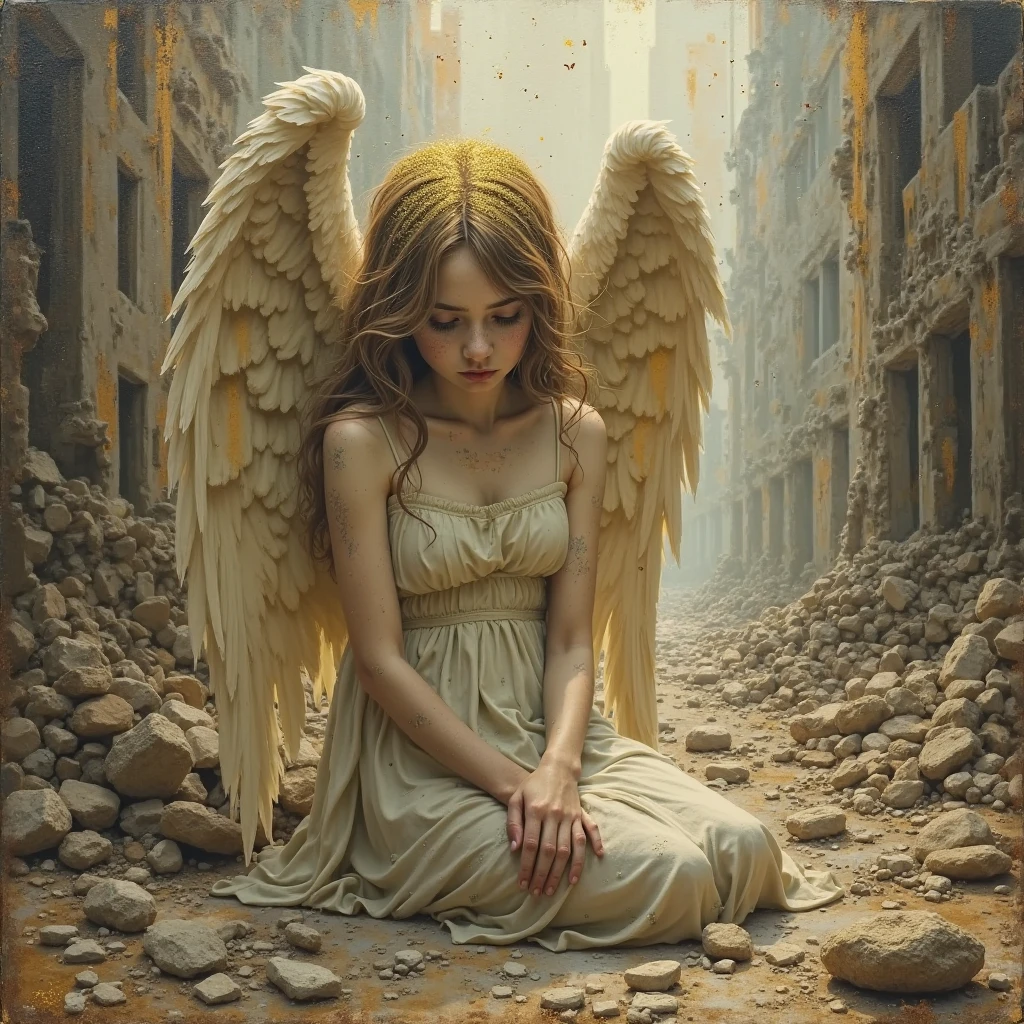 little angel girl, 9 years old, llanto, pelo rubio, pale skin, arrodillado, alas marchitas, cara triste, muerte en todas partes, demons killing her, corrompido por la oscuridad, escena oscura, pintura digital, obra maestra, 4kUHD, por chefede