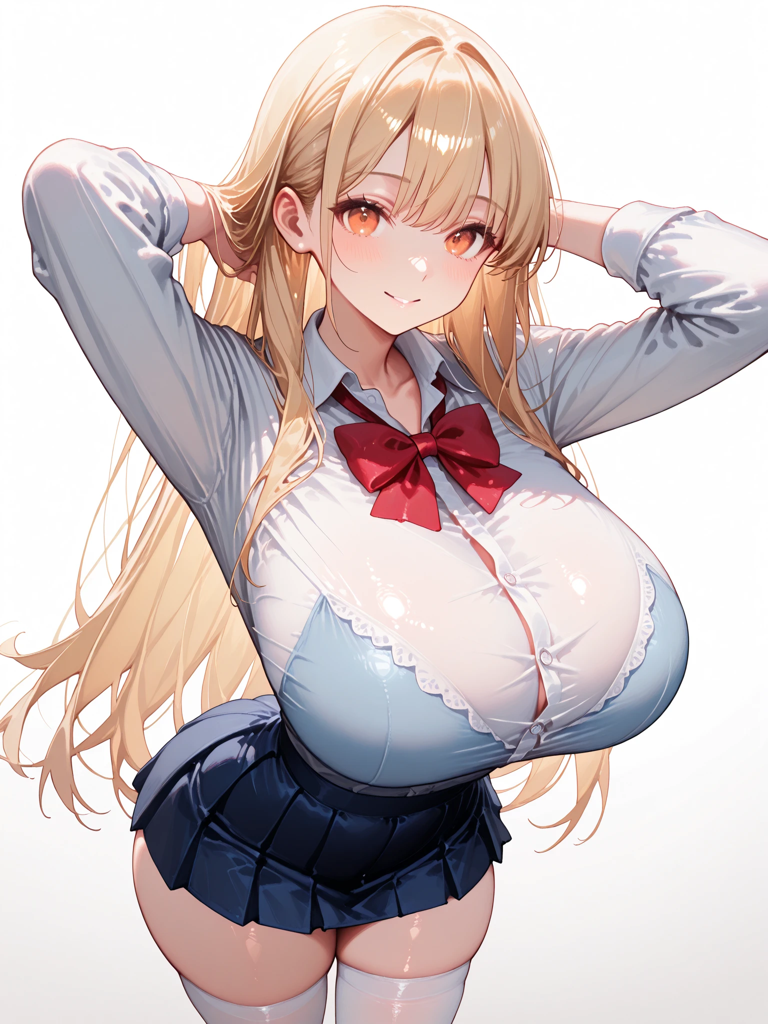 masterpiece, best quality,,gigantic breasts,smile,school classroom, sitting,on desk,plaid skirt,galkoschool 