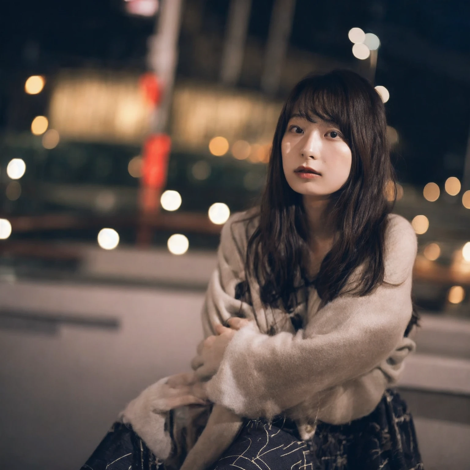 ((russian happygirl sits on (wooden bench):1.2)), (sexy), wears black heels, (wears fashion colored dress:1.1), ((gucci)), (masterpiece), professional camera, (soft light 6000k), sharp focus, (night street), (city lights),(cinematic atmosphere:1), night ambient,  <lora:anakuz:0.6>