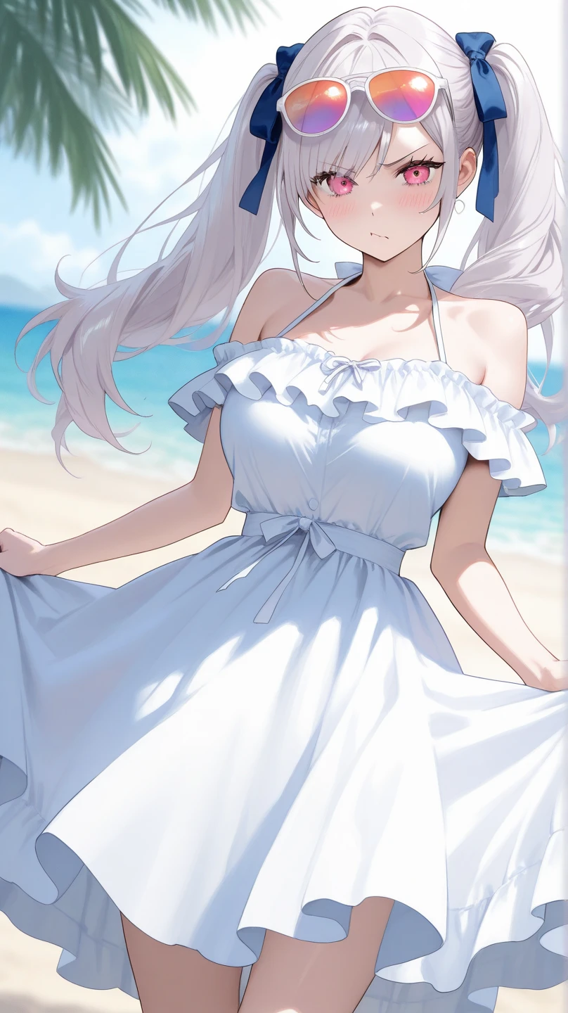 Best quality, Masterpiece, , ,short, Huge breasts, White hair,Low Twin Tails, Purple eyes, Eugene Chris, Thin double tail,, beach, Sea, White dress, White skirt, White one-piece, Straw hat, (((Shy))), (cheerfulness), Leaning forward, Summer, From above, reaching out, Smiling,