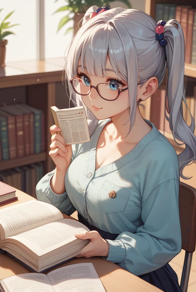 a college girl with glasses sitting on the bed, white dyed hair, white shirt, c cup boobs, tired, girl bedroom, books, messy, alone, upper body shot, lofi portrait, digital anime illustration, detailed digital anime art, anime portrait, anime moe artstyle, realistic anime art style, anime realism style, semirealistic anime style, anime character portrait, high quality anime artstyle