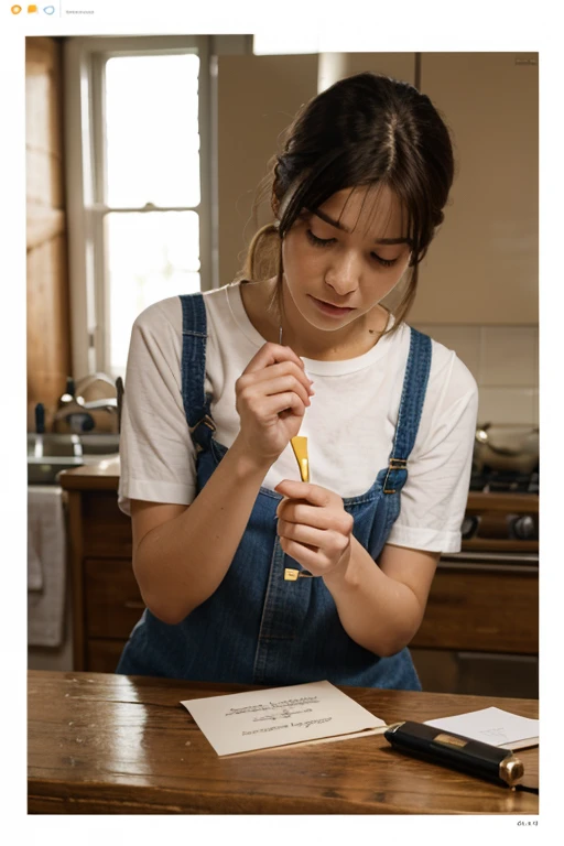 pretty woman pointing at something in kitchen with wooden cabinets, wearing nothing, in the nude, cooking it up, full body close-up shot, mid 20's female, wide shot photo, very sexy, her clothes are transparent
