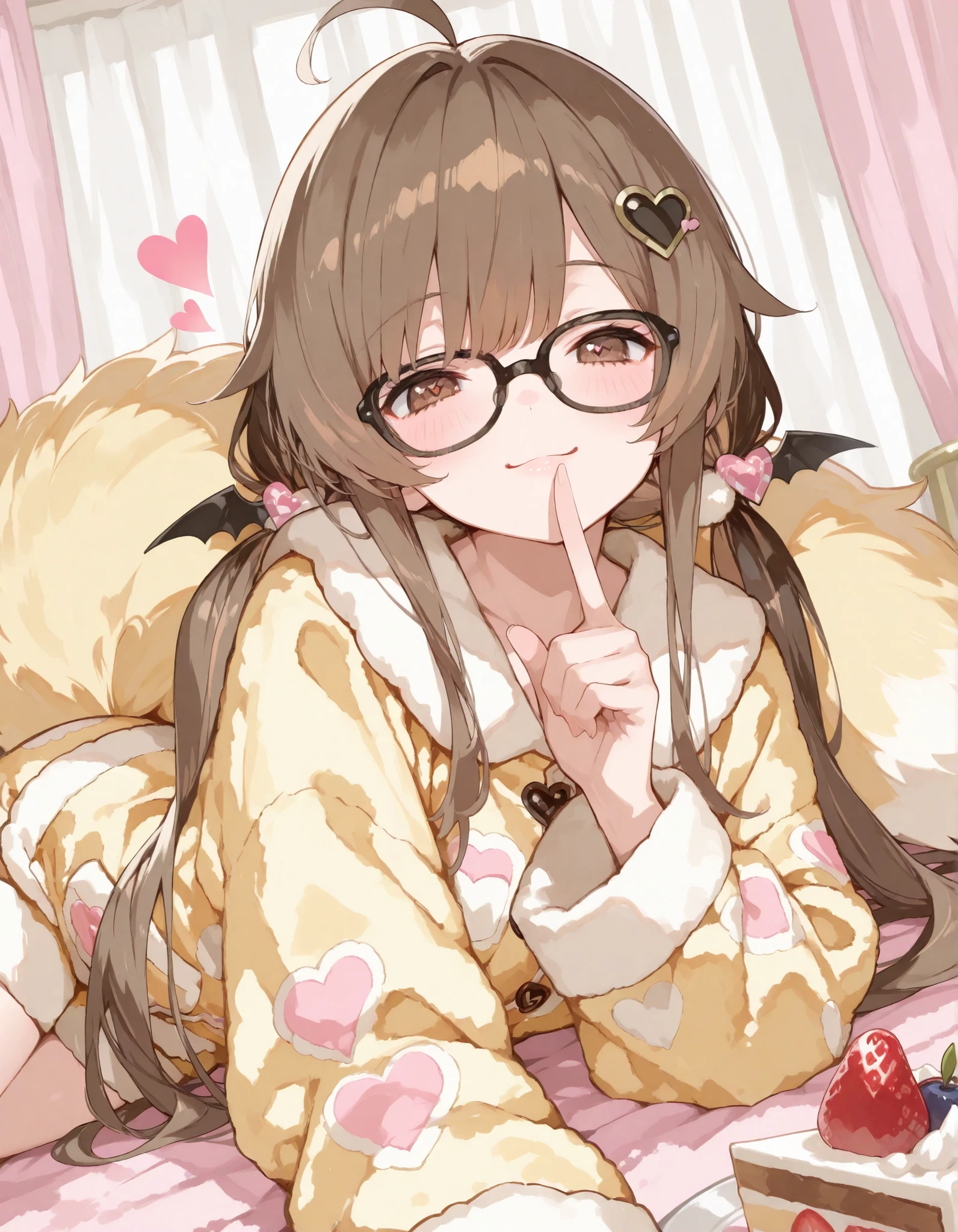 masterpiece, Brown hair, twin tails、heart shape hair ornament、black glasses, (Index finger on mouth), A big fruitcake, wearing yellow fluffy pajamas, smile, cute girly room