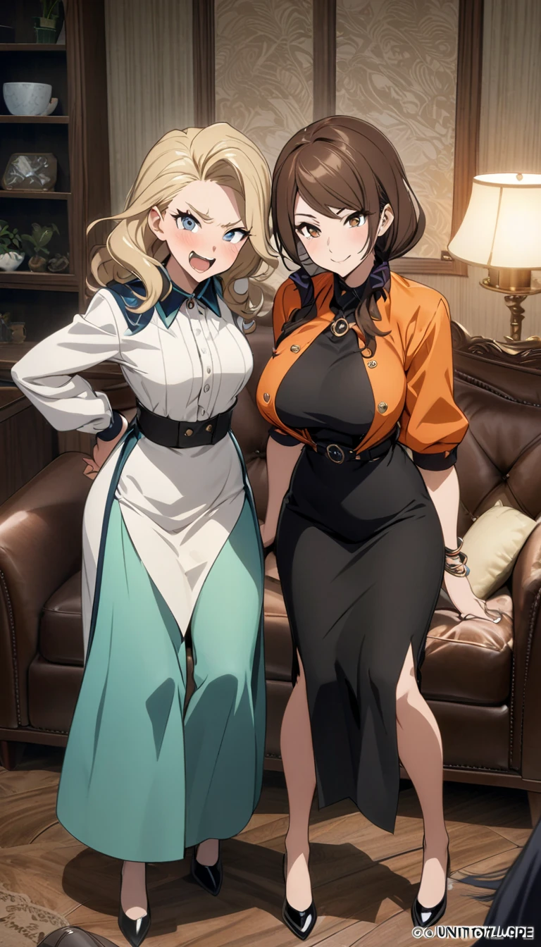 score_9, score_8_up, score_7_up, score_6_up, source_anime, BREAK by ikuchan kaoru, iku, clean color, flat color, sitting, indoors, presenting breasts, couch, clothed, ((2girls)), one piece, BREAK, nami (brown eyes, orange hair), boa hancock (blue eyes, black hair), nami and boa hancock, boa and nami