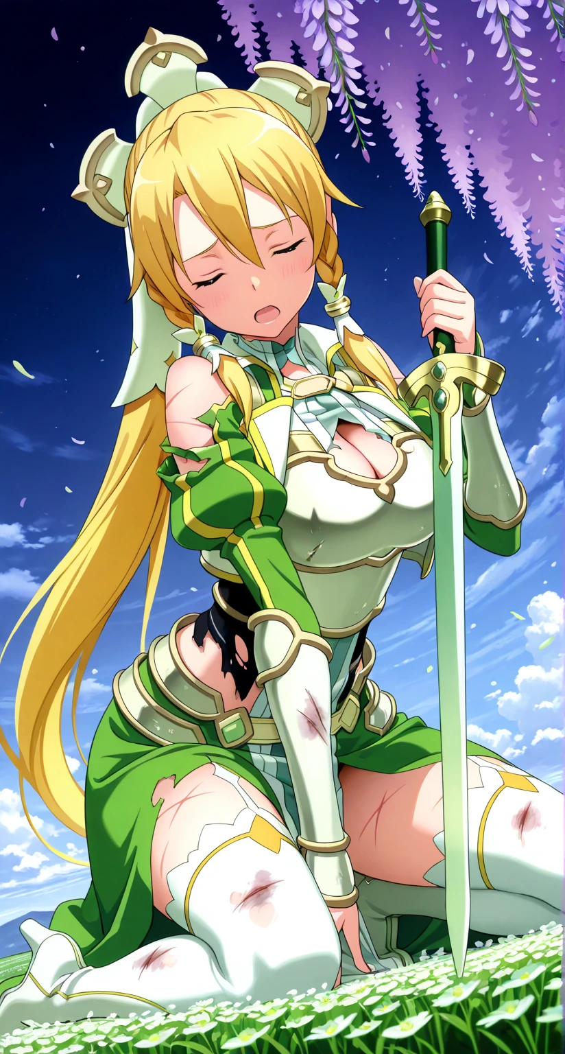 (nsfw), 1990s \(style\), retro artstyle, 1990s anime cels style, best quality, high resolution, forest, huge breasts, riesz, winged helmet, dress, armor, shoulder armor, bridal gauntlets, cleavage, blush, embarrassed