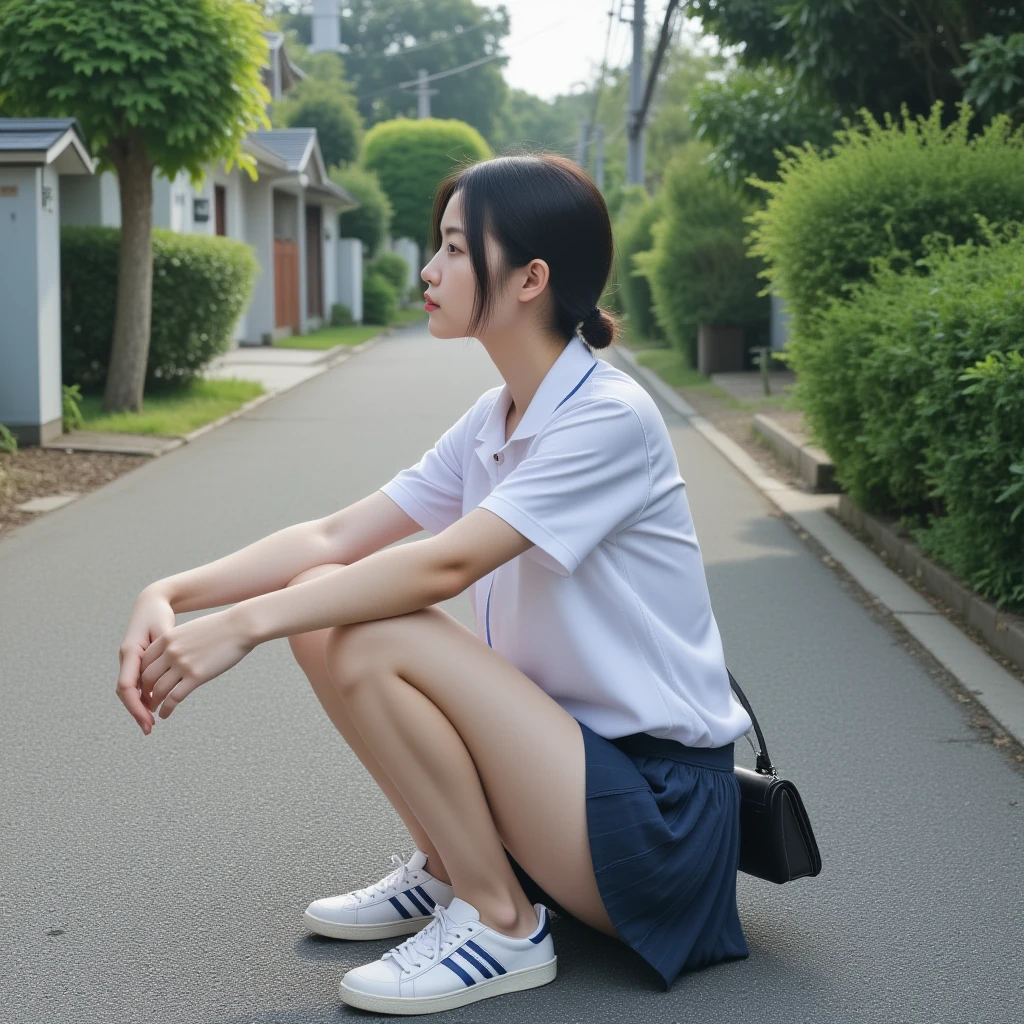 A junior high school student in shorts vomiting on the street