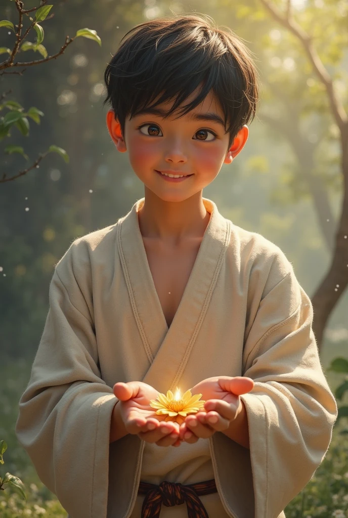 boy sitting next to lotus flower, anime, face happy