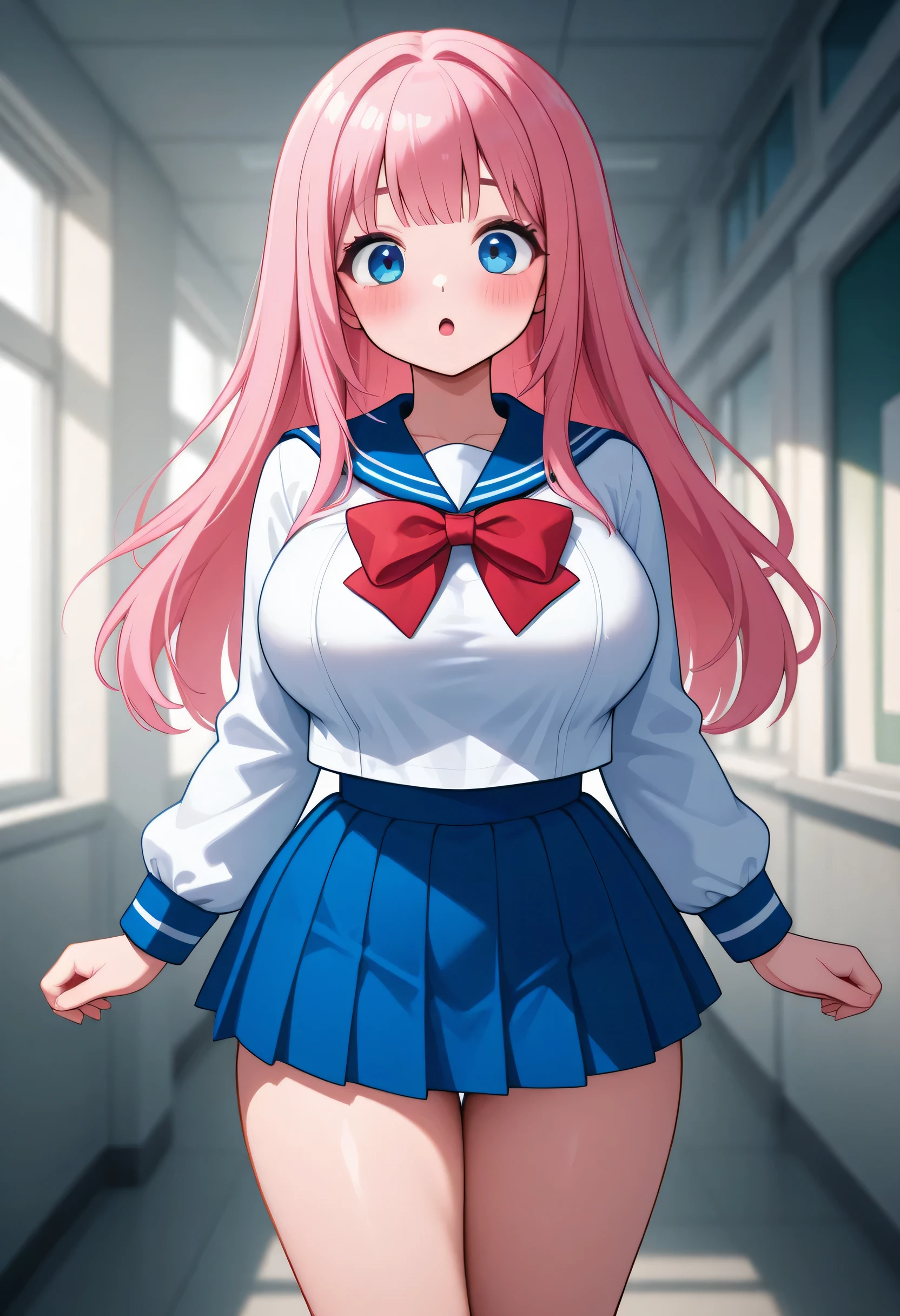 anime girl, cute, solo, cowboy shot, long pink hair, bangs, blue eyes, large breasts, :o, blush, (school uniform), (blue pleatedskirt), sailor suit, (red bowtie), bare legs, clasroom, natural light