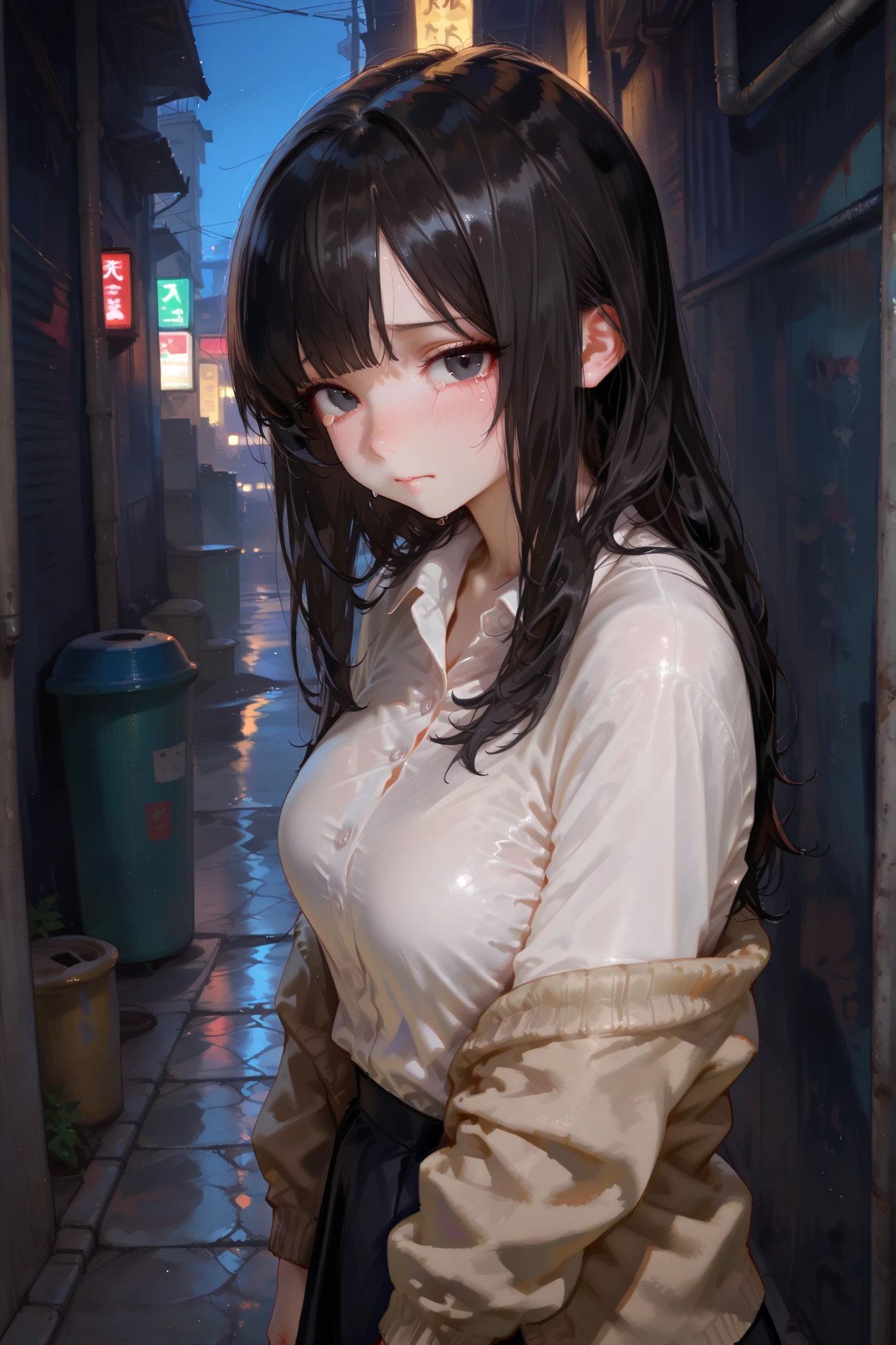 ((masterpiece,Highest quality:1.3,best quality illustration)),realistic,nsfw,after rape,cowboy shot,独奏,1woman,(18 year old beauty),dark brown hair,long hair,bangs,brown eyes,gorgeous big eyes,(very small head:1.3),crying,Heavy breathing,(very long body:1.2,skinny),medium breasts,(White camisole、navel、Navy blue pleated mini skirt),Wet crotch、barefoot、sweat,gleaming skin,toned body,slender body,walk,on street,Shibuya、neon、at night、World of Blade Runner、
