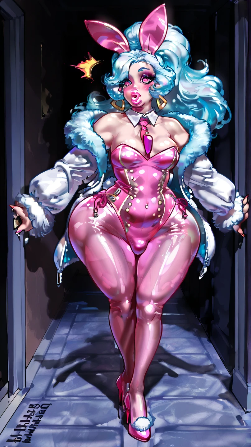 Young beautiful woman,(Highest quality,Extremely detailed depiction,Incredibly absurd high resolution,Anatomically accurate depiction,Curvy Legs),(Glowing Skin,Shiny skin),(Royal suit,Butler-style outfit),eyelash,eye shadow,Glowing pink eyes,There is cleavage in the chest,Glossy Lips,Shadowed face,A seductive smile,whole body,Standing posture,background:Rooms,From above:1.1,