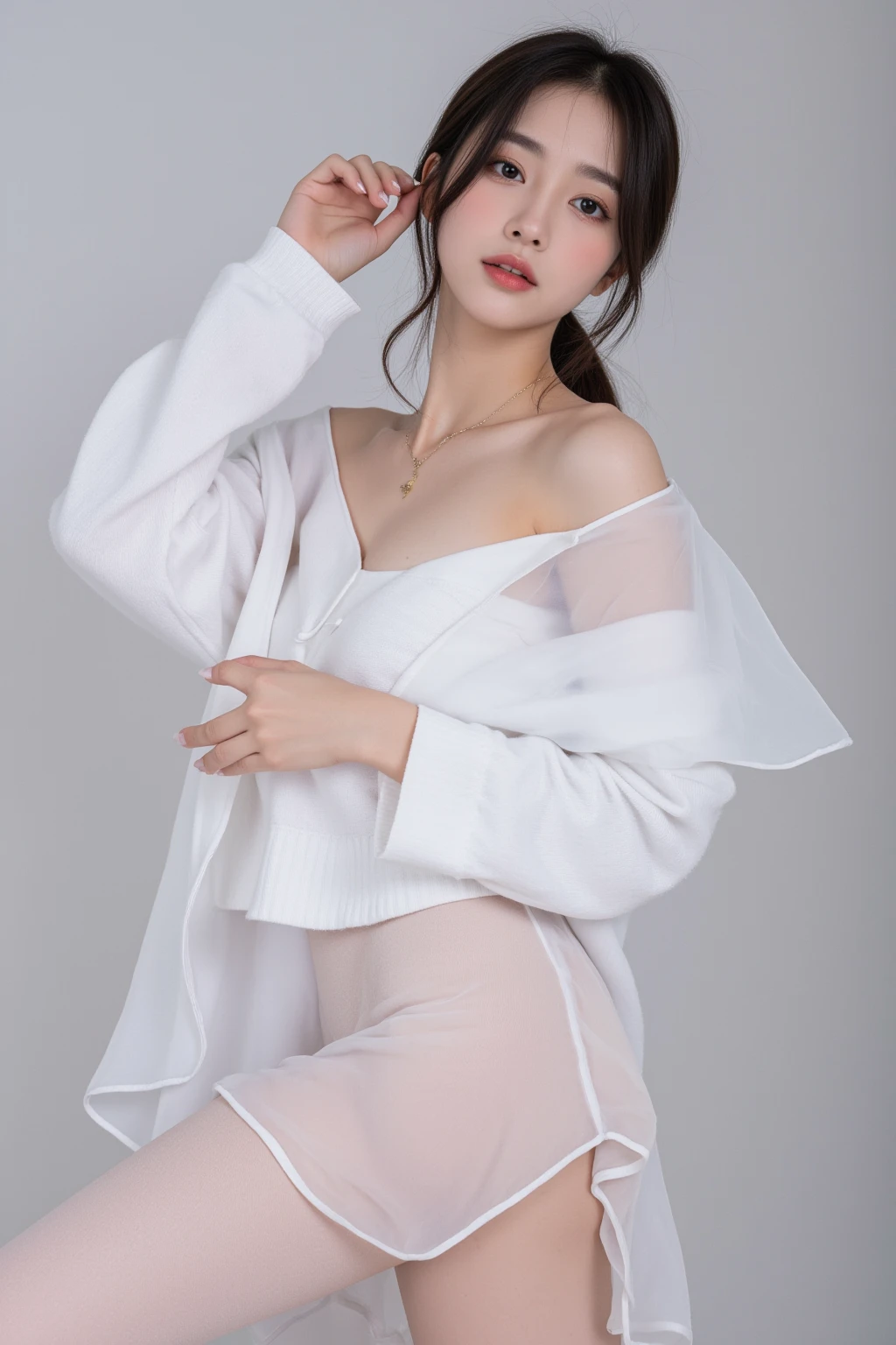 (((8k、Highest quality、masterpiece、Ultra-high resolution)))、(Realistic:1.4)、RAW Photos、(Realistic skin texture:1.3)、(Film Grain:1.3)、((One Girl、Beautiful and detailed eyes, Face and skin texture、naked足))、Cute Japanese Woman、Beach、A strong wind is blowing、Her hair and skirt are flying、On all fours, Crawl、Pleated skirt、((naked:1.35))、splash、Sandy Beach、Light of the sun、clear blue sea、The waves crash quietly、Blue sky and white clouds、Beautiful Nature、(((Open blouse:1.33)))、((No underwear、Raise one leg))、