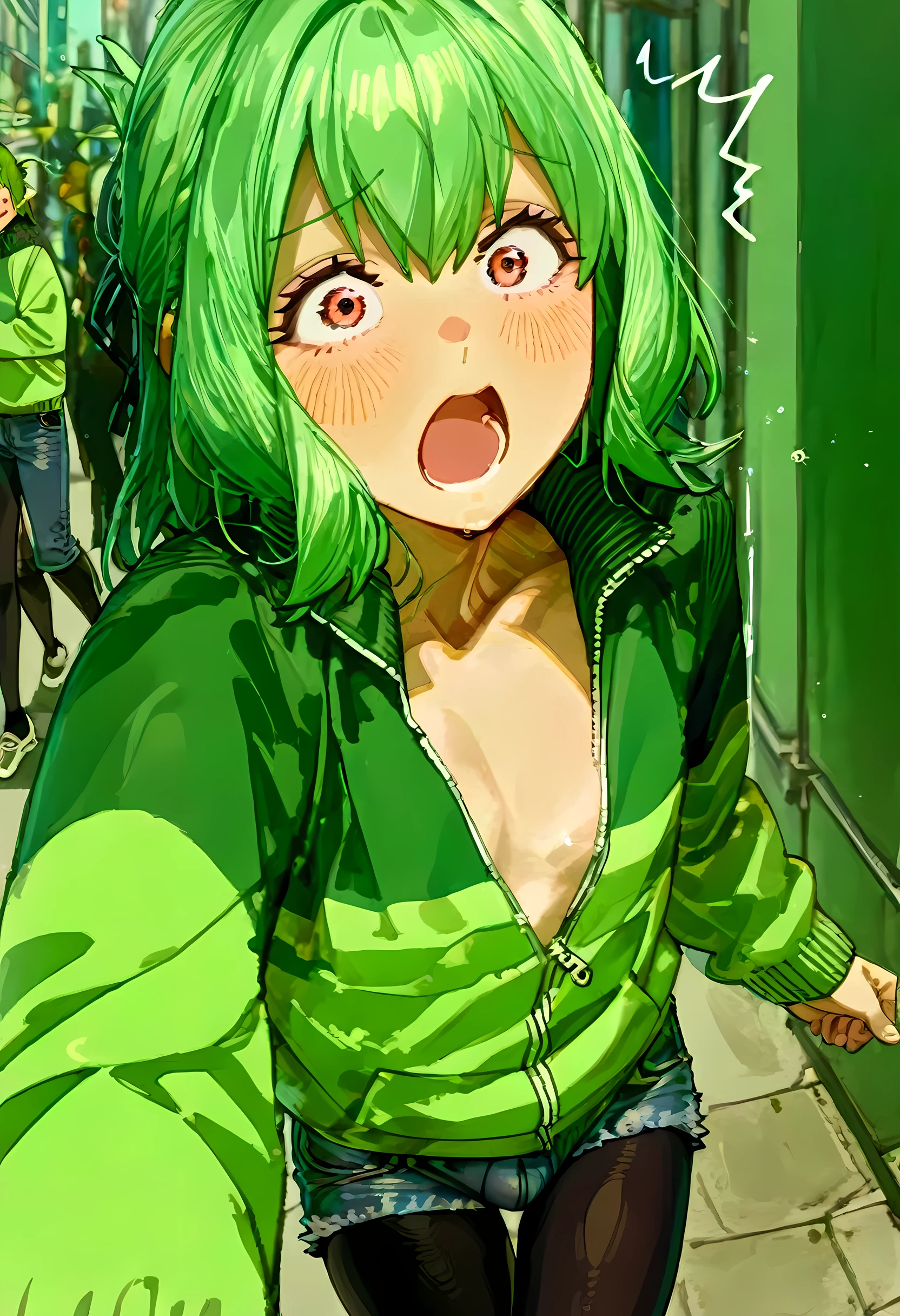 Otori tan、green hair、boy、Femboy,surprised faces、man's daughter、Anime Coloring、masterpiece、High Quality、high definition、   full body shot   、Correct finger、camel toe,    Tokyo   、Running in a hurry through the city、  green jersey、black pantyhose、denim shorts、motion line、