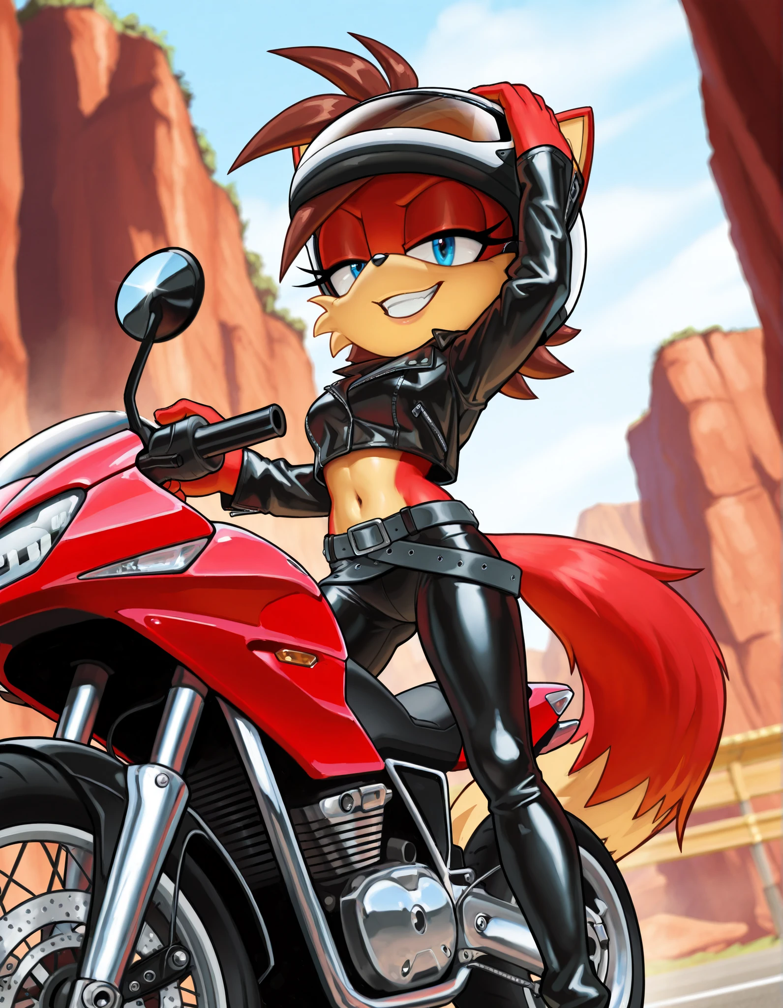 masterpiece, best quality, amazing quality, very aesthetic, absurdres, scenery, sonic (series), solo, Fiona the Fox, brown hair, red fur, fox tail, grin, crop top, black leather pants, navel, crossed grey belts, black leather jacket, grin, dynamic angle, dutch angle, red motorbike, holding a motorbike helmet, outdoors