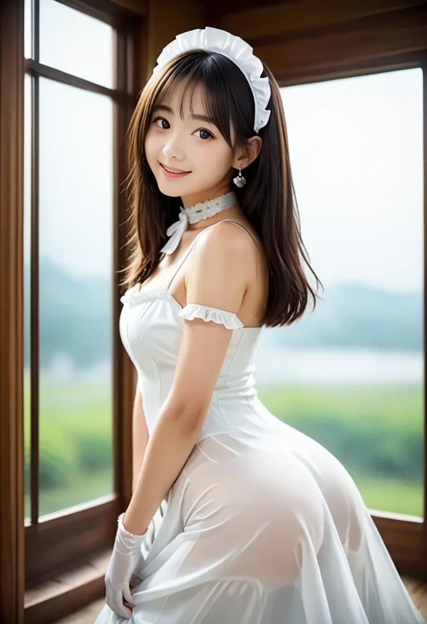 ((highest quality, 8k)), ((masterpiece)), (Familiar), Perfect Face, Fox Woman, Beautiful woman, public, There is a tail, She has a thick, long tail, she has a fox tail, she wags her tail, smile, collar with bell, She wears a maid outfit, Beautiful Hips, big breasts , Big tail, tail, Climb up on all fours