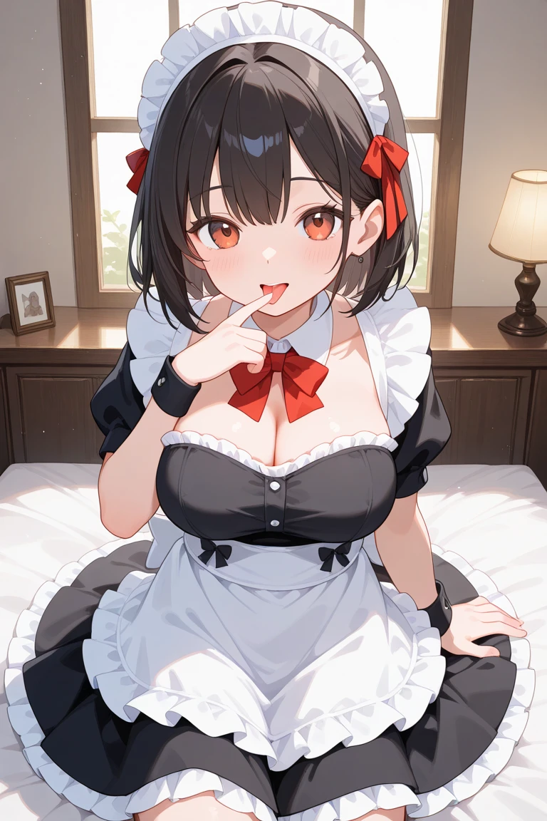 ((cleavage ,apron ,thighs)) ,black hair ,red eyes ,cat girl