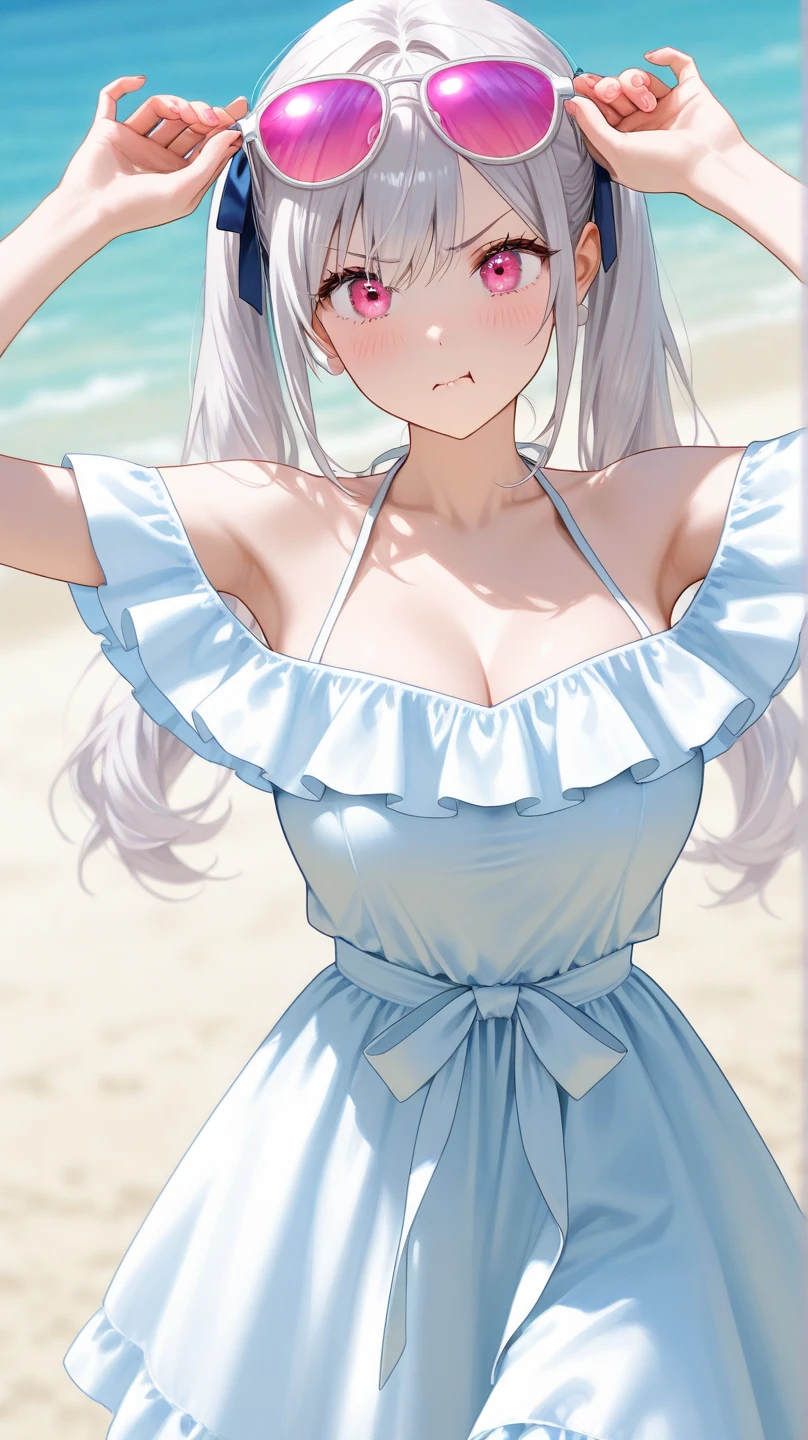 1girl, beautiful face, beautiful body, first rate female body, blush, medium breasts, looking at viewer, closed mouth, light smile, shy, blushing, thighs, bikini, cleavage, cowboy shot, beach, sunset, ShirakawaRuna, 1girl, blonde hair, multicolored hair, bangs, one side up, long hair, blue eyes, hairclip, jewelry, earrings, medium breasts, gyaru