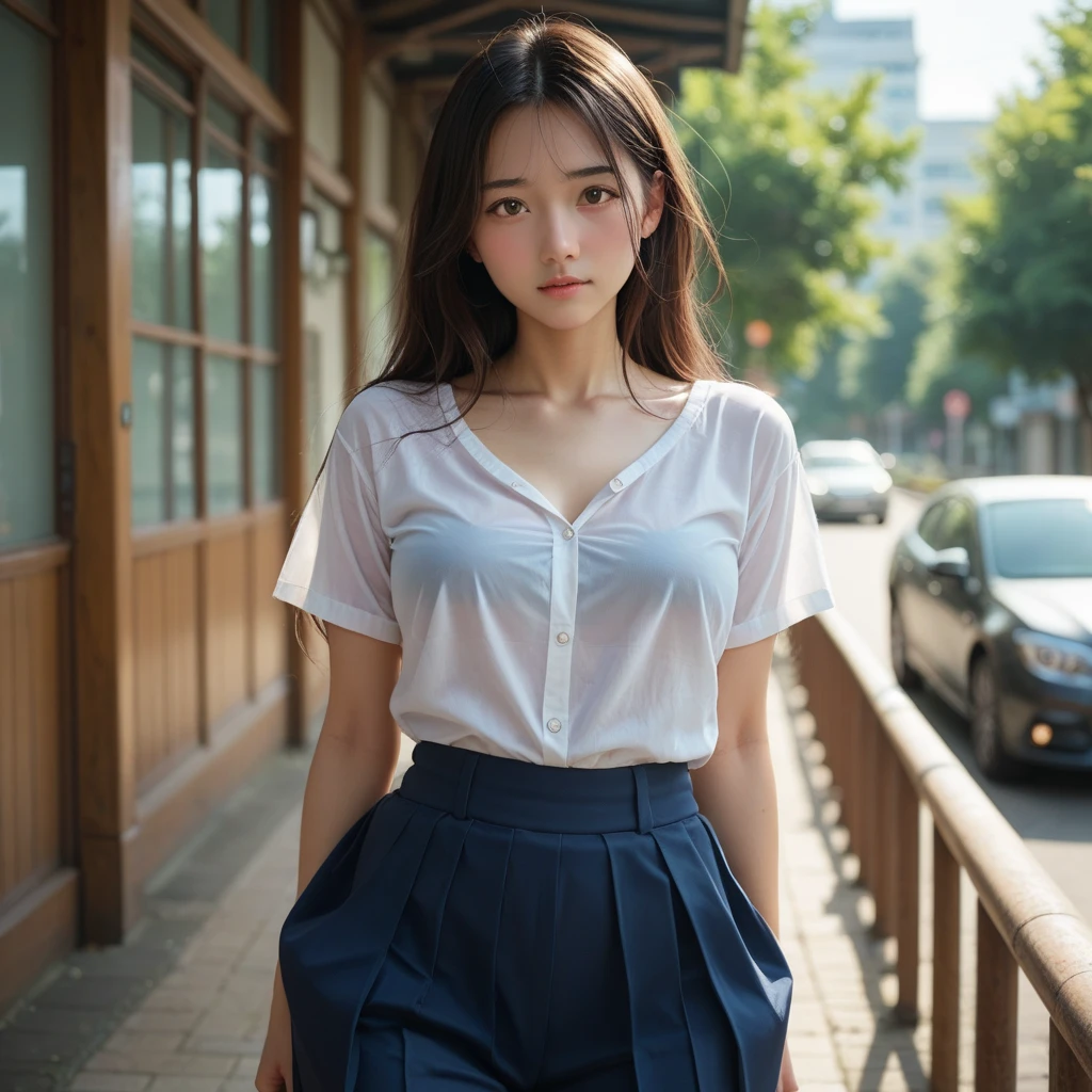 (((Top image quality、8K、1人の女性)))、japanes、((The whole body is visible、clothes wet))、独奏、1 female、A woman is photographed alone、cute little、ren、Beautuful Women、Beautie、Double eyelids、full body Esbian、1:3、((Wearing a uniform))、Shoes are also in the photo、dark sky、rain is falling、夏天、Plum rain、shortsleeves、The face is orderly、japanes、(Light blue underwear with a faint sheer feeling)、Sheer in a white shirt、short white sleeves、wearing skirt、Hair is wet、More transparent shirt、shelter、rain is falling、NSFW、Sitting on a chair at a bus stop