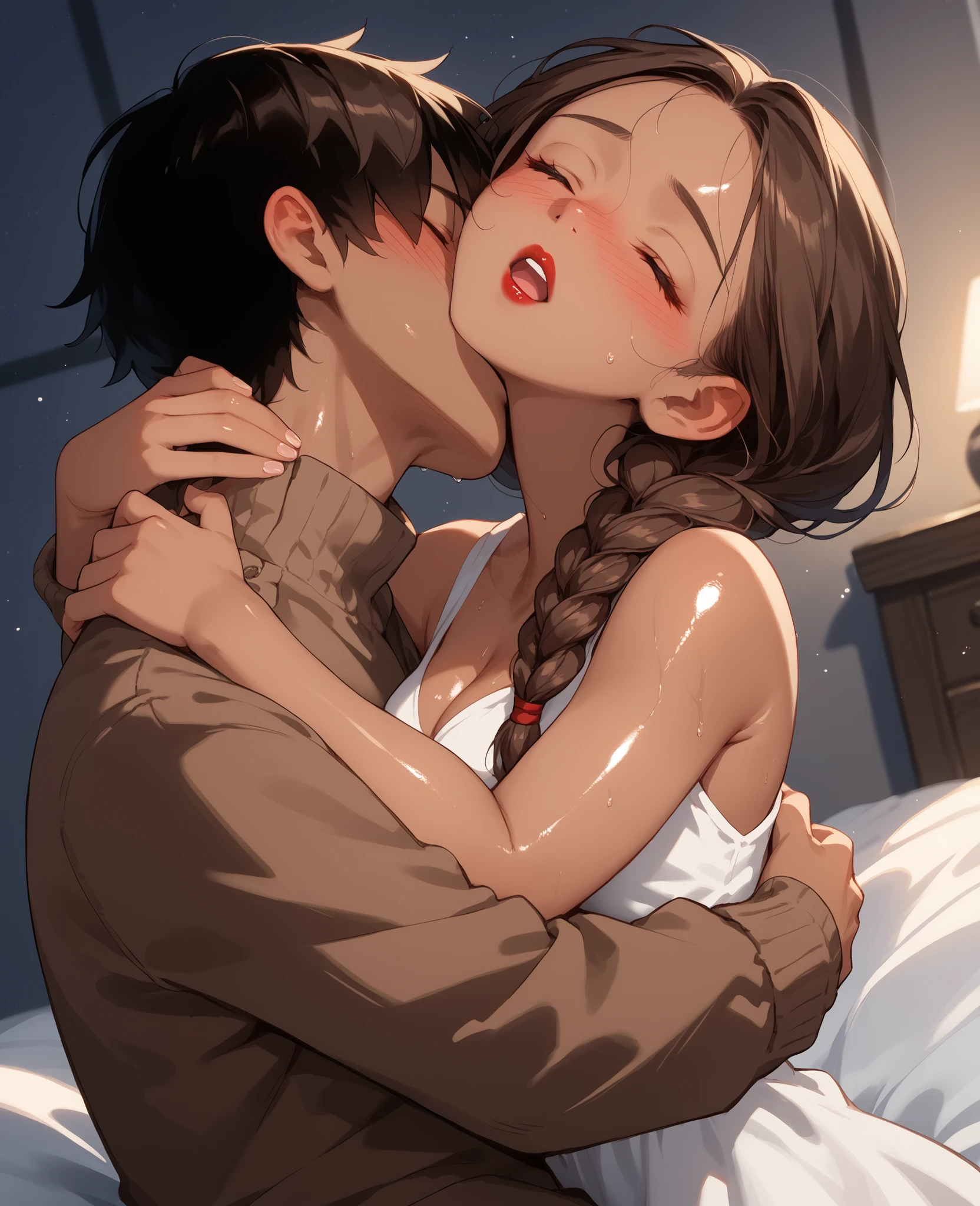 score_9, score_8_up, score_7_up, 1woman, solo, hair, closed eyes, brown-skinned female, red lips, brown hair braided, lovely medium breasts, perfect body, white dress, brown cardigan, sweat, female organism, open mouth, looking at viewer, head tilt, nose blush, blush, indoor, bedroom, night time, shiny skin, against bed, sitting , upper body, 1girl, 1boy, (faceless, face on girl's face,
intense kiss, deep kiss, kiss ), hug. Dutch angle.
