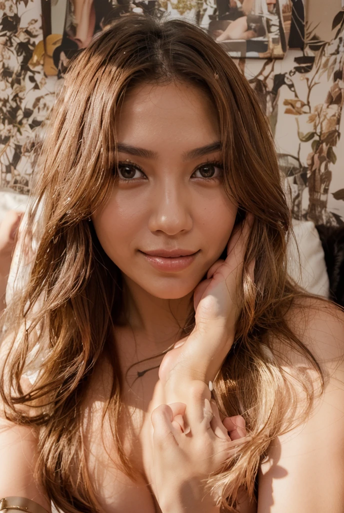 dark brown hair、light brown eyes、Japanese actress face、 lady、I am about 20 years old.、(intricate details:1.2)、(which one is the top?:1.4)、 (ultra high resolution:1.2)、ultra high resolution、(finely tuned)、(detailed facial features)、nffsw、8K resolution、plump breasts、long curly hair、Starry Sky Window、luxurious space、relax、full body photo、head to toe shot、beautiful feet、brown camisole dress、beautiful feet、dimly lit bedroom、she, extreme details, very detailed, realistic, obscene pose, diagonally from below、raise your chin、Relaxed expression(auraroid photo:1.2)、8K、32k、highest quality、(Details of both eyes)、elegant、(loose dress :1.4)、lie down、Side sleeping position、(Low - Angle、I look up and see this:1.2)、look at the camera、smile、