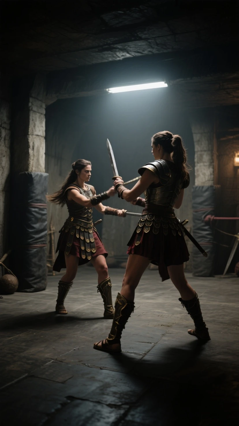 A behind-the-scenes shot of a movie scene where female gladiators are fighting with swords and spears. The main actors are Angelina Jolie and Selena Gomez. Angelina has thrust her sword into Selena’s stomach, making her scream in pain. The director is shouting instructions to the camera crew and the extras, while the blood and dust create a dramatic atmosphere. The scene is set in a large arena with a cheering crowd and a majestic backdrop of ancient Rome.