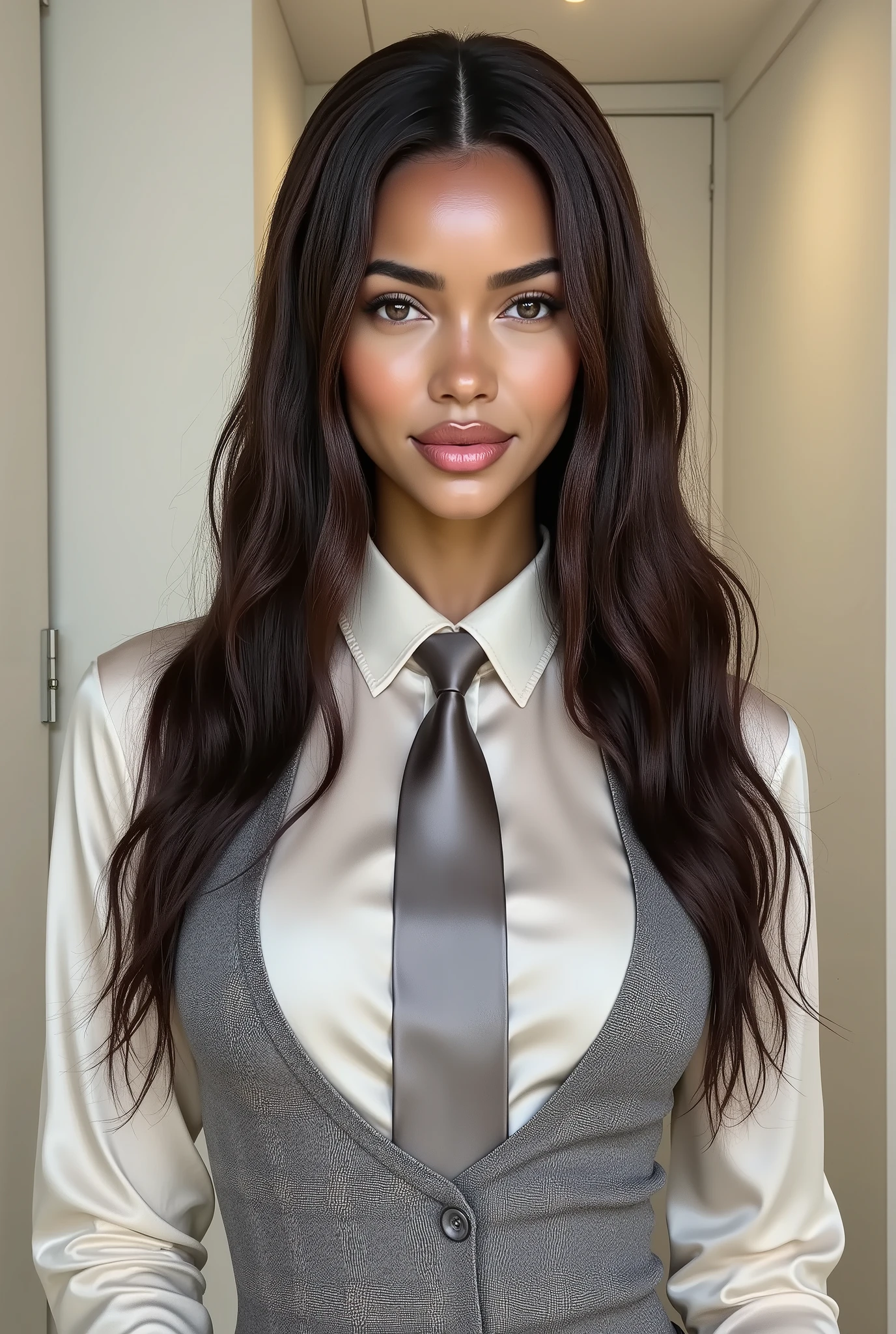 photorealistic, happy arafed woman with olive skin, 5'4"tall, wearing a white satin blouse with a grey neck tie, a grey vest and grey pantalon pants, business attire