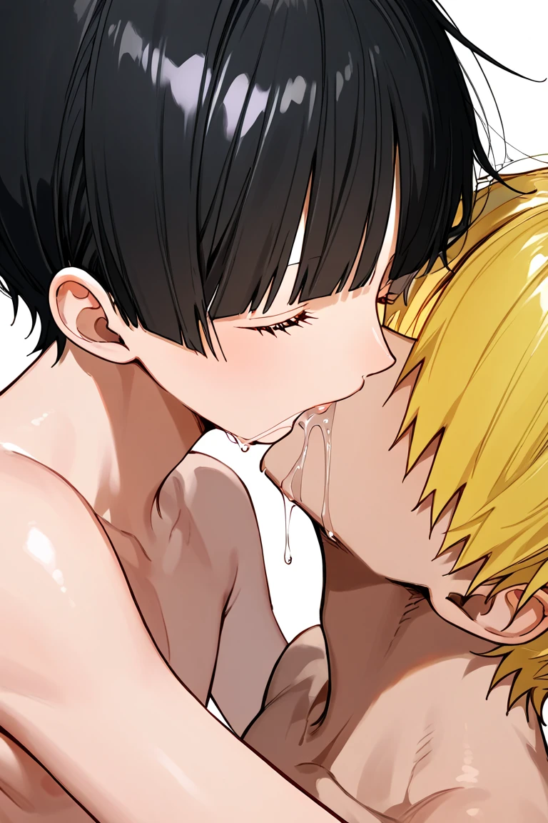 2girls、tongue licking,fellatio、裸、nude、nsfw、bukkake、com on face、1boy