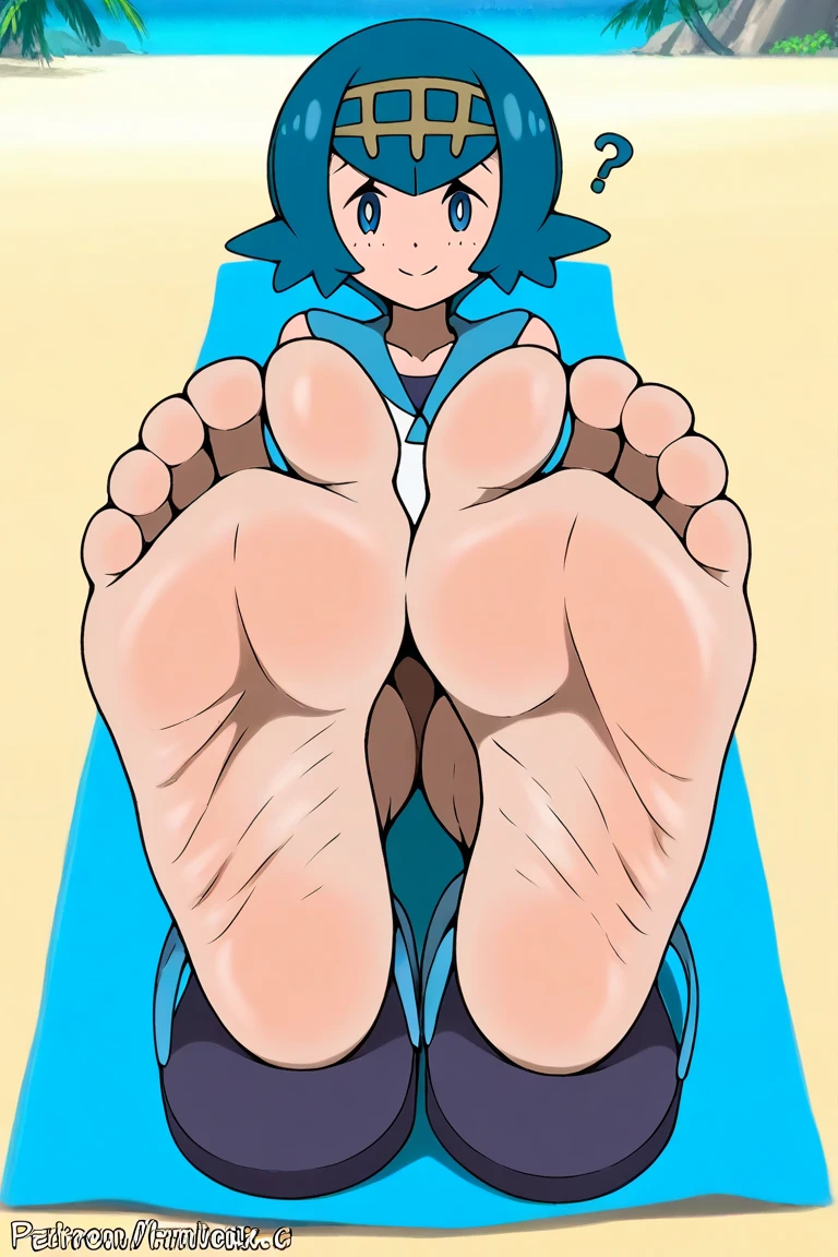Lana, Pokémon, 1 girl, feet, soles, feet focus, femdom, embarassed, confused, tropical beach background, dark Blue flip flops on the sand, wrinkled soles, teasing, 