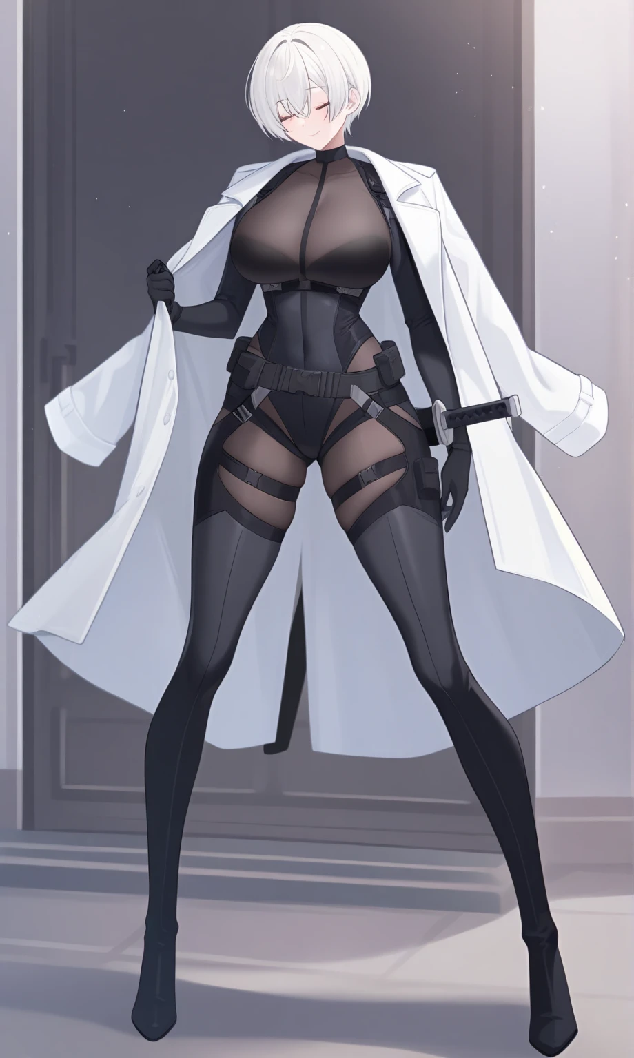 girl, With big breasts, with white or futuristic spy suit, long black fur, crimson eyes, dark ebony skin.