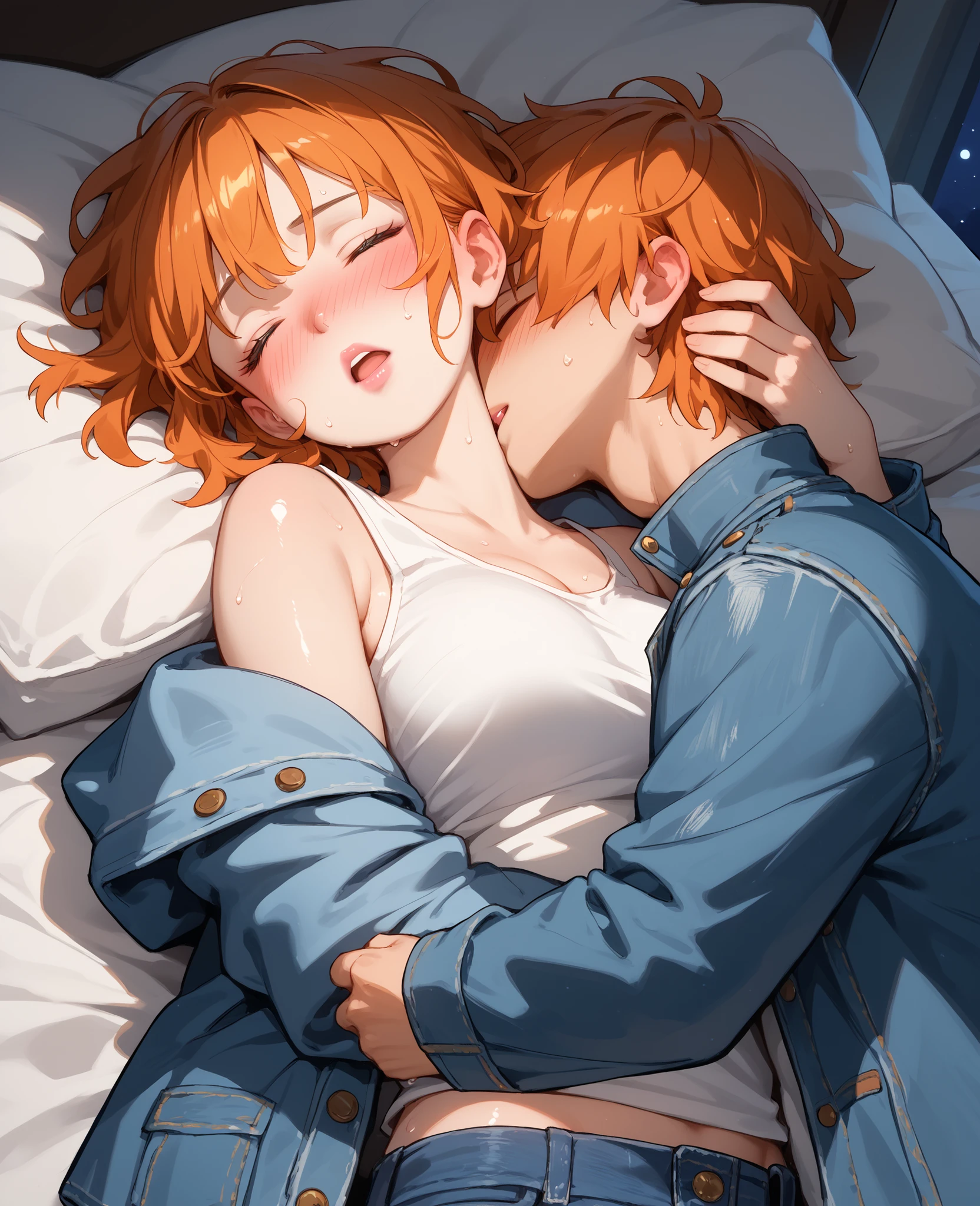 score_9, score_8_up, score_7_up, 1woman, solo, hair, closed eyes, white-skinned female, pink lips, short messy orange hair, lovely medium breasts, perfect body, white tank top, denim jacket and short shorts, sweat, female organism, open mouth, looking at viewer, head tilt, nose blush, blush, indoor, bedroom, night time, shiny skin, against bed, lying down , upper body, 1girl, 1boy, (faceless, face on girl's face,
intense kiss, deep kiss, kiss ), hug. Dutch angle.