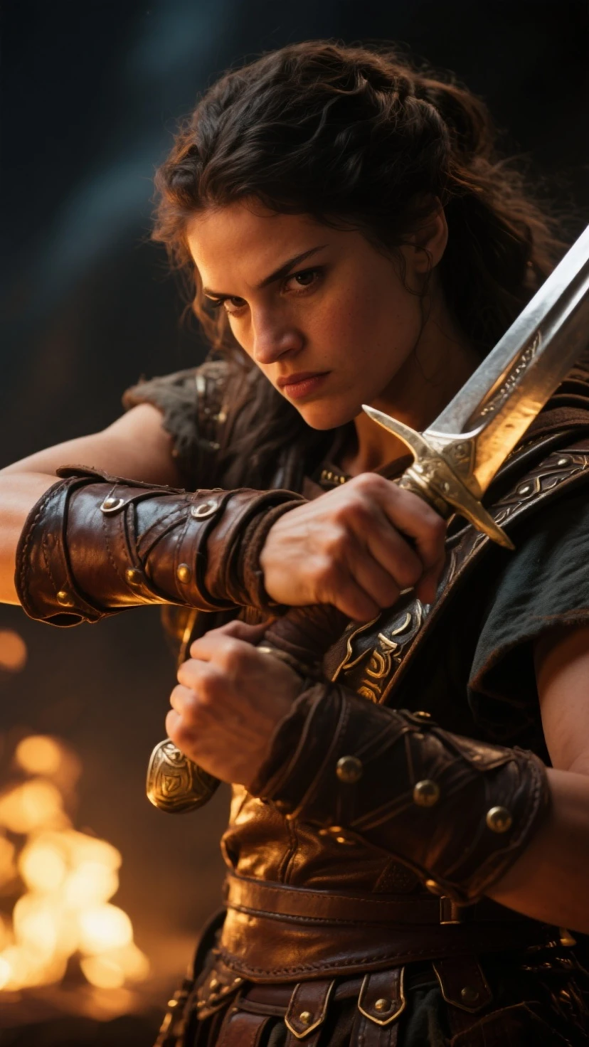 Sophia Lillis, thick muscular body, thick thighs, long tight flowing dress, hitting with an ax. medieval fantasy battle scene. Full body shot