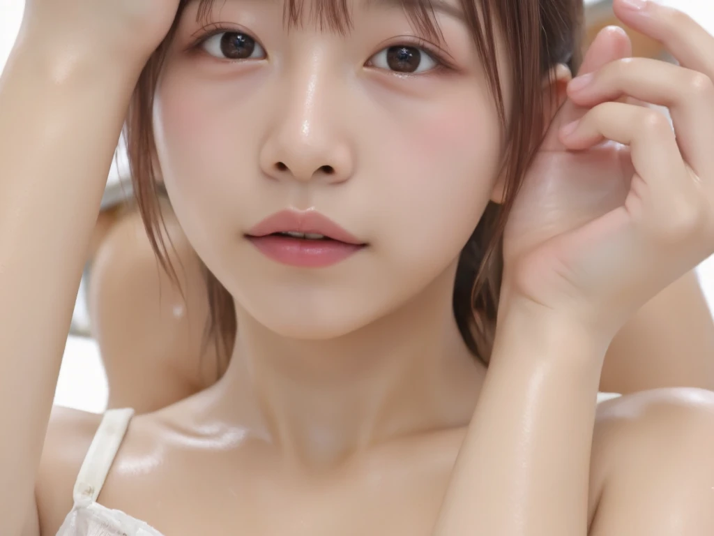 ((Highest quality)), ((masterpiece)), (detailed), Japanese、One middle school girl,１２age、 Baby Face、sexy、Gal Makeup、Gaze Here、Dark skin tone、Close-up of face、Shiny pink lip gloss
、Heavy makeup、Kissing Face、Curly Hair、Close-up、((sexyな唇))