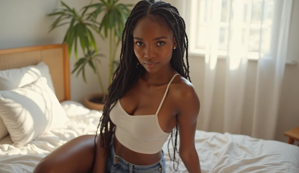 African American female, medium complexion, with a sprinkle of freckles. Standing at 5'8, big breasts, urban style, https://image.cdn2.seaart.ai/2024-01-26/cmppavle878c73da8afg/095f7794bbde93142c953b6bfb3147795a7067ab_high.webp trying on of different jewelry accessories in the mirror wearing underwear hair in braids