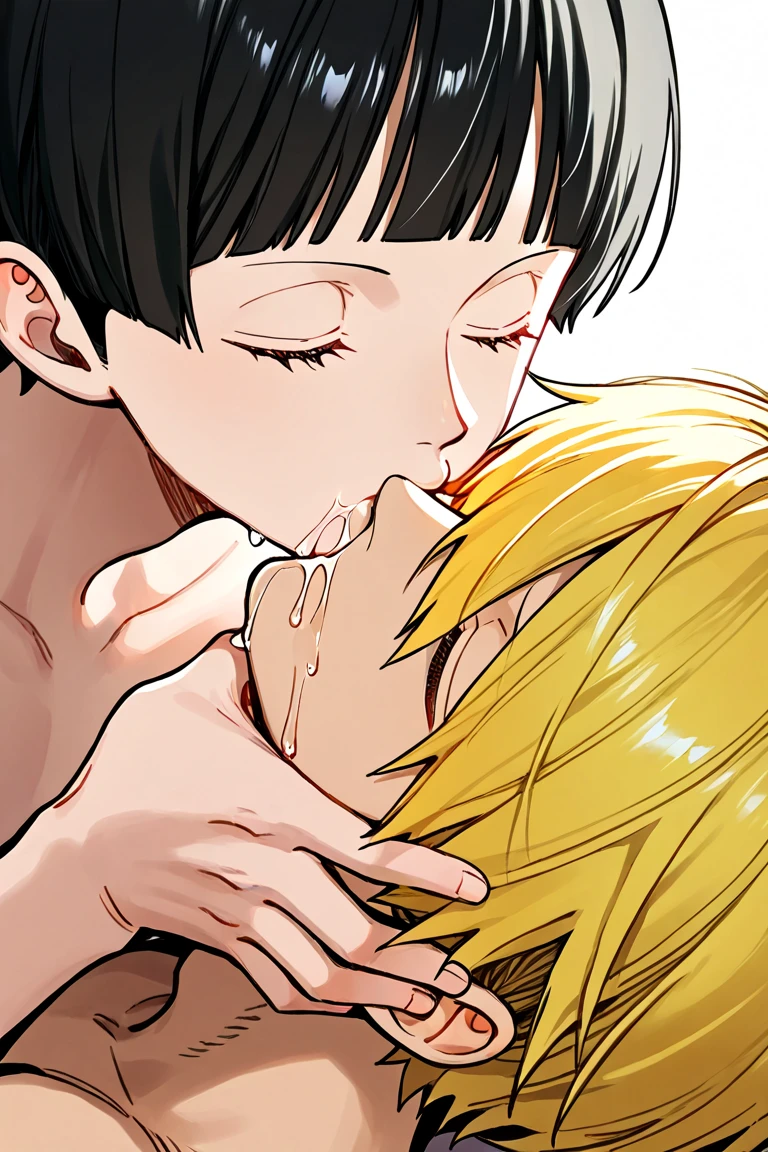 Videl,Android 18, Highest quality,shape, wallpaper, Very detailed、(Hotel Rooms)、((two、))、(((kiss)))、(blonde、short hair、Very large breasts)、close your eyes、Completely naked、Shyness,Big Breasts,Sweaty