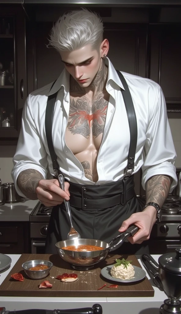 A 19-year-old male, athletic and well-defined body, light brown hair, green eyes, ????? with a prominent penis, with a black bow tie around his neck. Lying in the restaurant.