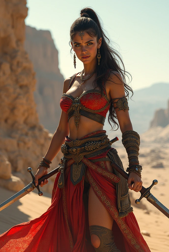 (masterpiece), full hd, best quality, 1 girl, solo, 16 years old, beautiful, shapely, big hips, big breasts, innocent, Pure, delicate, Proportional body, perfect body figure, cold face, long hair flying in the wind, Photos with depth, wind, (masterpiece), full hd, best quality, expressive eyes, perfect face, 1 girl, solo, Portrait of an ancient Persian female warrior wearing armor fighting fiercely in the desert, In the distance is an ancient temple, long legs