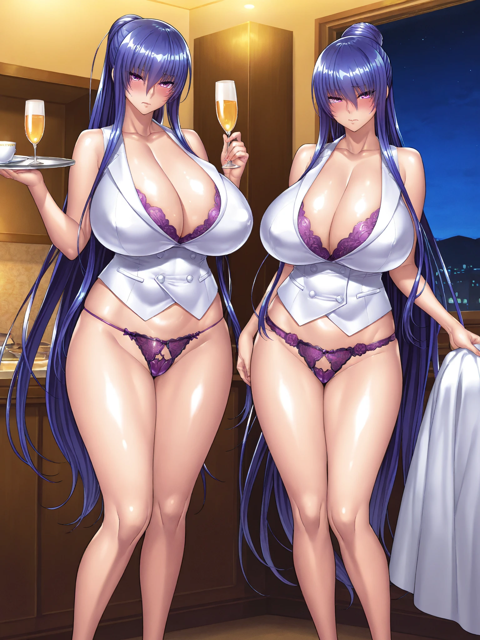 Royal Sister,Three-point ancient bikini,huge tit,Expose the nipple areola,long leges,legs separated,strappy heels,full bodyesbian