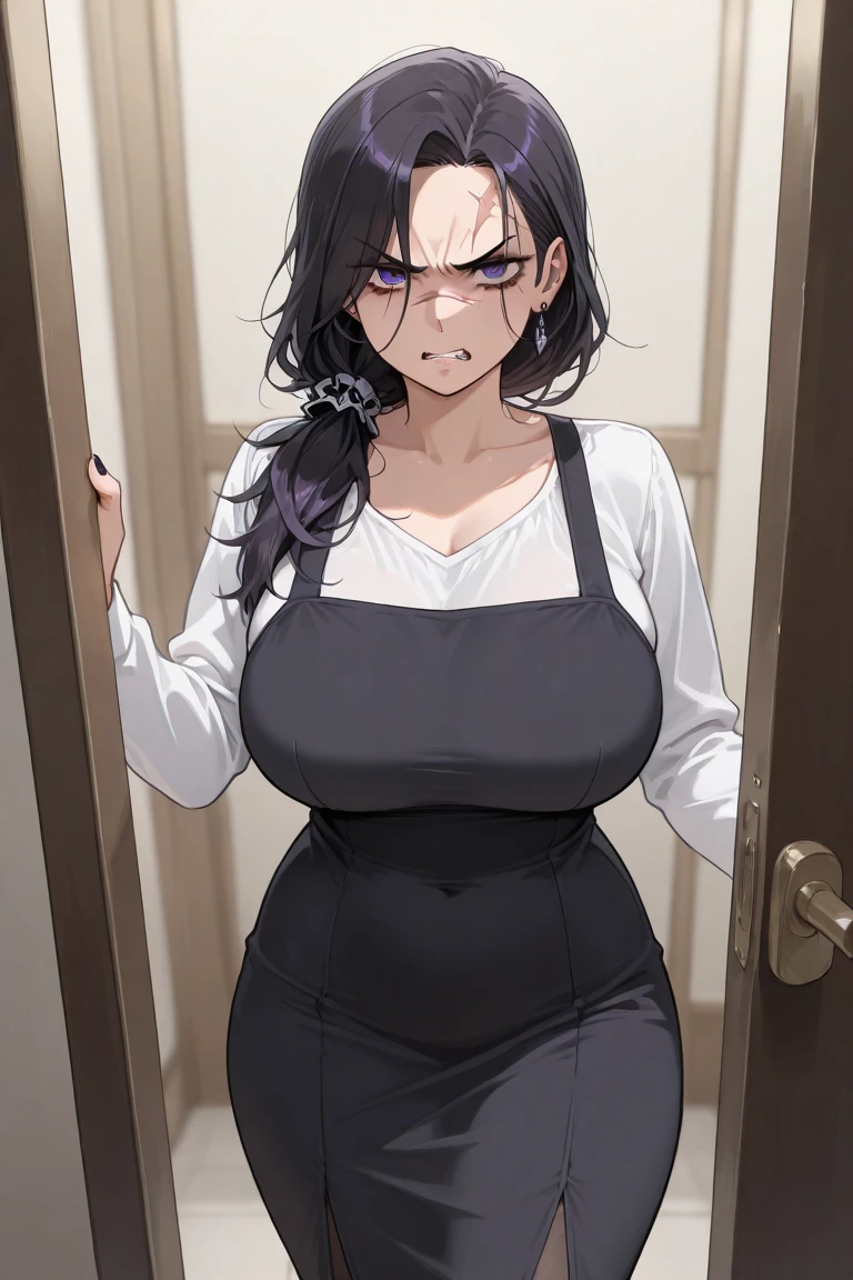 1girl, solo, ((gray sweater), black wide pants, breasts, Mature woman, 45 y old, house background, gray sweater, black wide pants, elegant, Milf, kitchen, smilling,facial close up img, high detailed face, hd blue eyes, close up view of face, blue eyes, lips, large breasts, looking at viewer, frontal image, BROWN HAIR, solo, wide pants, very long hair, ((masterpiece)), standing, neighbourhood, grass, in front of the door, knocking on the door, name tag, id tag, indoor, elegant pose, Wide hips, full body img, serious woman, mature, lovely, ANNOYED, hd EXPRESSION, BUSSINESSWOMAN